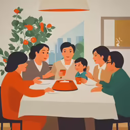there is a family sitting at a table
