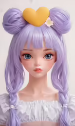 a doll wearing a wig and flower on its head