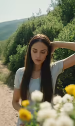 a girl poses in a field of yellow and white flowers