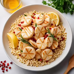 some food in a bowl with lemon slices