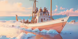 a painting of an old fishing boat in rough waves,a drawing of a boat sitting on top of a beach