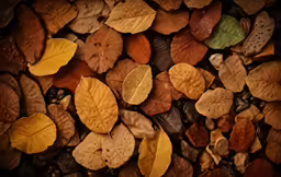 a pile of colorful leaves sitting on top of a pile of rocks