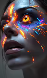 a woman with painted make - up looks at the camera