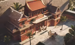 an aerial view of a building with red tile