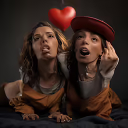 two woman posing for a photograph while one woman holds her head