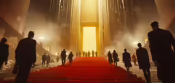 a very large red carpet covered stairway leading to a big structure