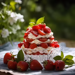 a tall cake with strawberrys on top on a cloth