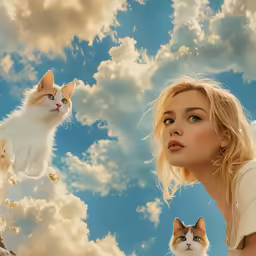 a woman with a cat on her shoulders is photographed by another cat