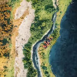 a painting of three vehicles on the ground