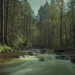 a river flowing through a lush green forest