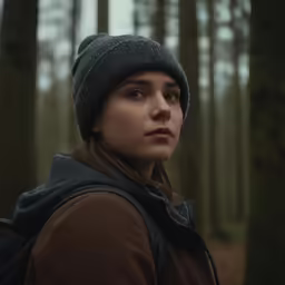 a woman standing in the middle of a forest
