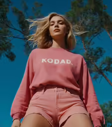 a woman wearing a pink sweatshirt and denim shorts with the word kodak printed on it