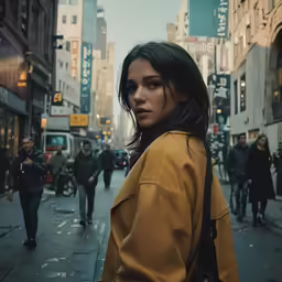 a beautiful young woman standing on the street