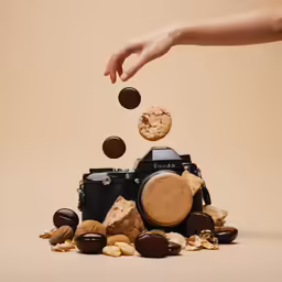 a person dropping some biscuits into a camera