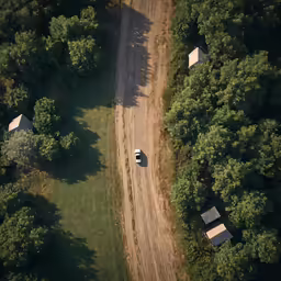 a field with a dirt road next to trees