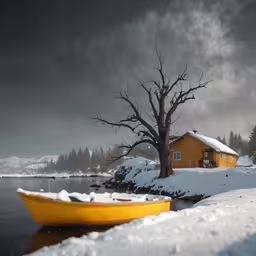 a boat sits on the shore near a yellow building