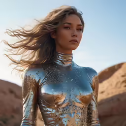 a girl in gold and black bodysuit standing in the desert
