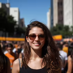 a girl wearing sunglasses smiles into the camera