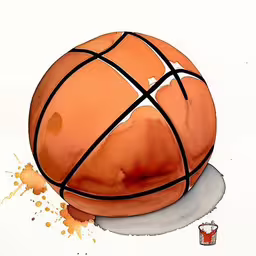 a painting of a basketball with a paint stain splash on it,a basketball drawn in pencil on paper with paint splatters