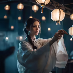 a woman holding up something with many lights around her
