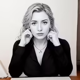 a black and white drawing of a young woman