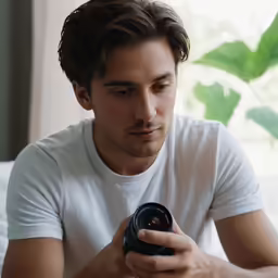 man holding camera looking at screen with green plants in background