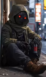 a man in a green jacket and hood with red eyes sits next to a corner
