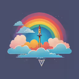 the rocket flying through the air over clouds and rainbow,colorful rocket on a cloud in the sky