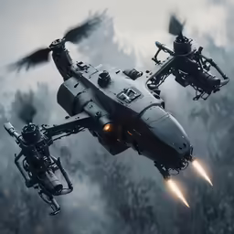 the two dark aircrafts are flying low to the ground