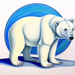a white polar bear standing on a blue patch