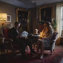 a man and woman sitting in chairs reading papers