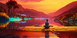 a person is sitting on the dock by a river at sunset,a woman sits on a dock near the river watching something
