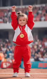 a little girl is holding her arms up in victory