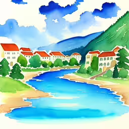 /tmp/FOOPo7xEa.jpg = a drawing of some houses by a river
,/tmp/FOOPo7xEa.jpg = a painting shows buildings on either side of a lake
,/tmp/FOOPo7xEa.jpg = a river with houses and mountains in the background
,/tmp/FOOPo7xEa.jpg = a painting of some pretty houses by the river
,/tmp/FOOPo7xEa.jpg = watercolor painting of a resort and blue creek
,/tmp/FOOPo7xEa.jpg = painting of a river running through some town
,/tmp/FOOPo7xEa.jpg = a painting of houses along a stream, and mountains
