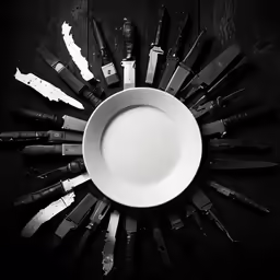 an arrangement of knives with one big white plate