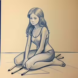 this is a drawing of a woman with pencils,a pencil drawing of a girl sitting on the ground