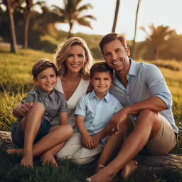 a smiling couple and two kids sit together in the grass