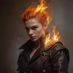 a woman with red hair and leather jacket standing with flames around her shoulders