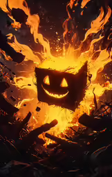 an orange glowing pumpkin on fire in the middle of it