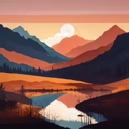 painting of a scenic mountain sunset with a body of water and trees,an artistically painted landscape is shown with the sun rising in the background