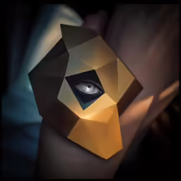 the man is wearing a gold geometric paper mask