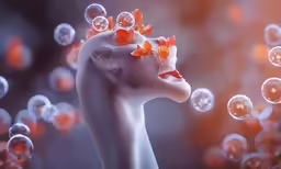 a woman is blowing bubbles as butterflies fly