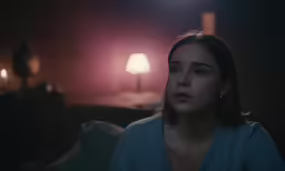 a young woman in a dimly lit room looks off to the side