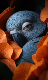 a gray bird sitting on a bush covered in orange flowers