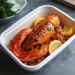 a lobster is served in a bowl with noodles, lemons and greens