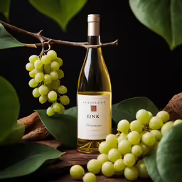 a bottle of wine with green grapes