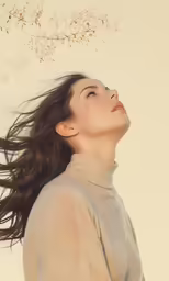 a woman is staring at a white background