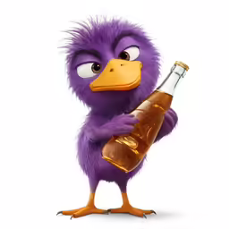 a cartoon bird is holding onto an empty beer bottle