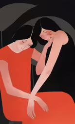 the two women are sitting down and hugging