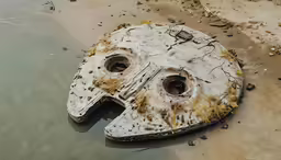 an old mask rests in the water along side the shore